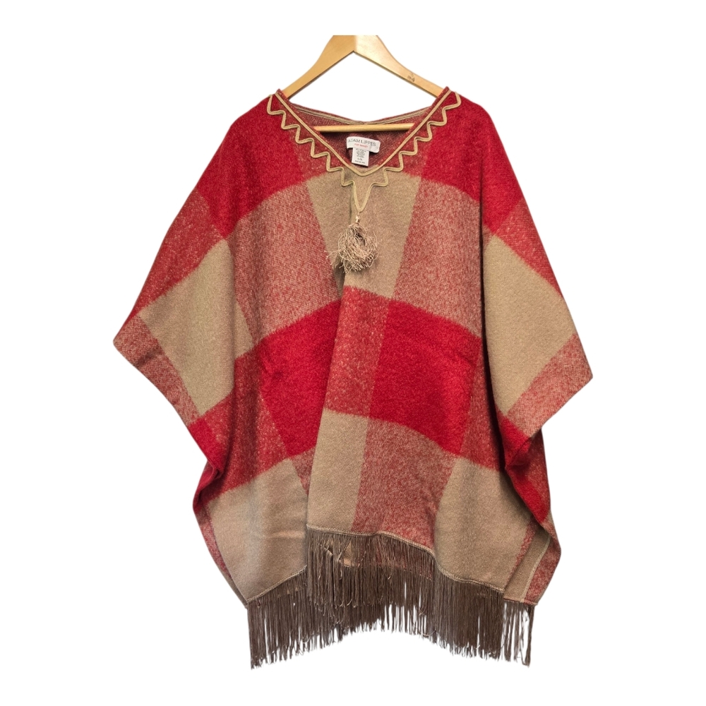 ADAM LIPPES Poncho Red & Tan Plaid Wool Blend L XL‎